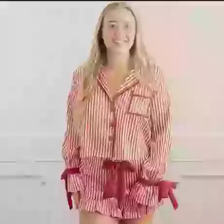 Red Stripe Satin Ruffle Short Pj Set